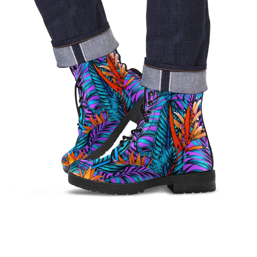 Neon Palm Leaf Tropical Print Men's Boots-grizzshop