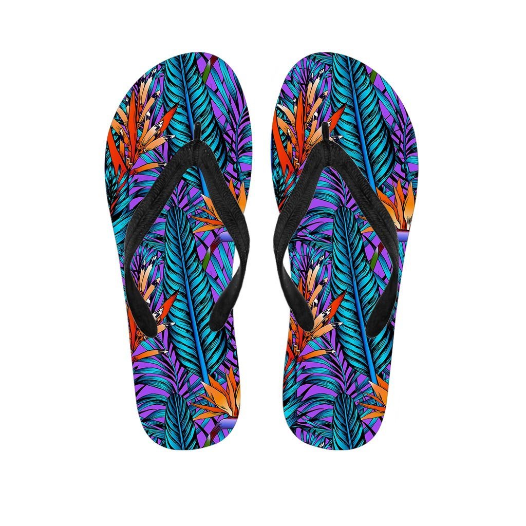 Neon Palm Leaf Tropical Print Men's Flip Flops-grizzshop