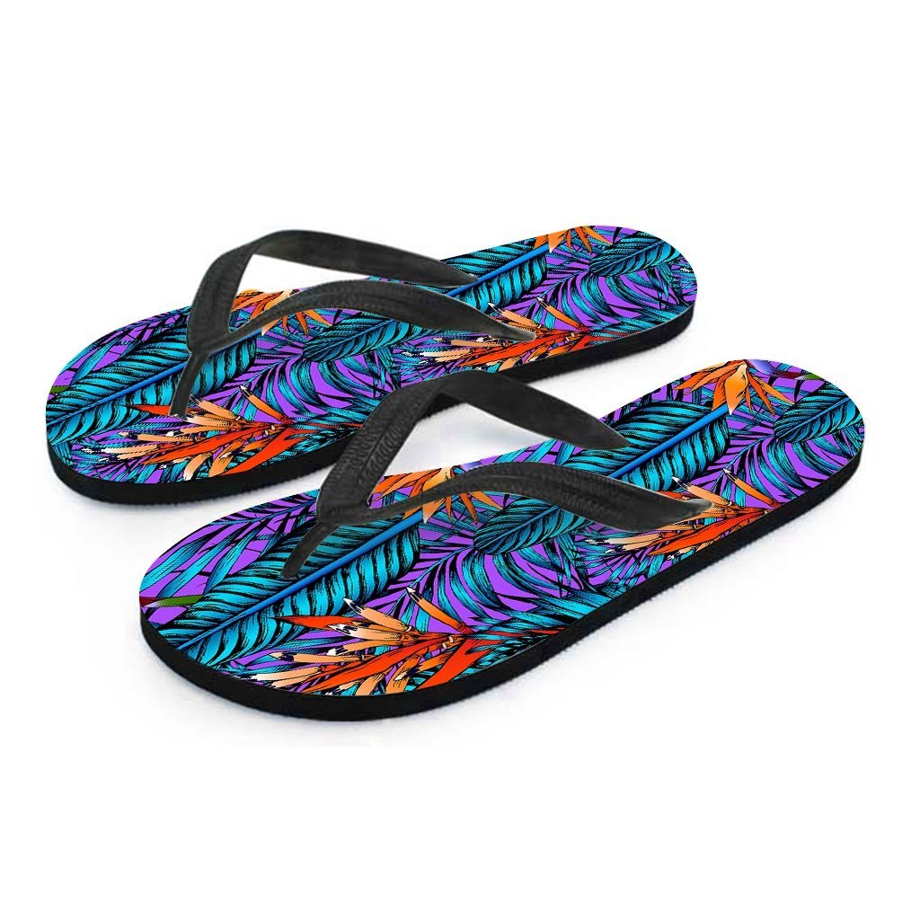 Neon Palm Leaf Tropical Print Men's Flip Flops-grizzshop