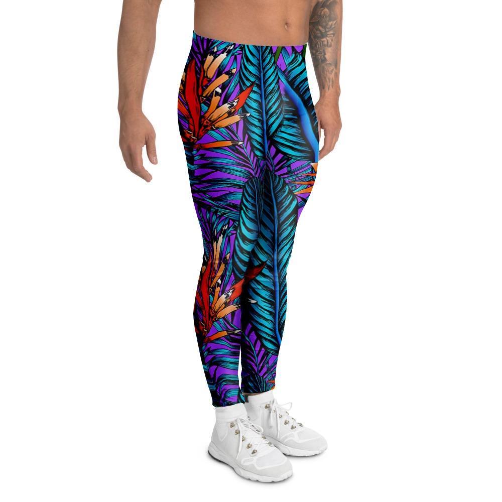 Neon Palm Leaf Tropical Print Men's Leggings-grizzshop