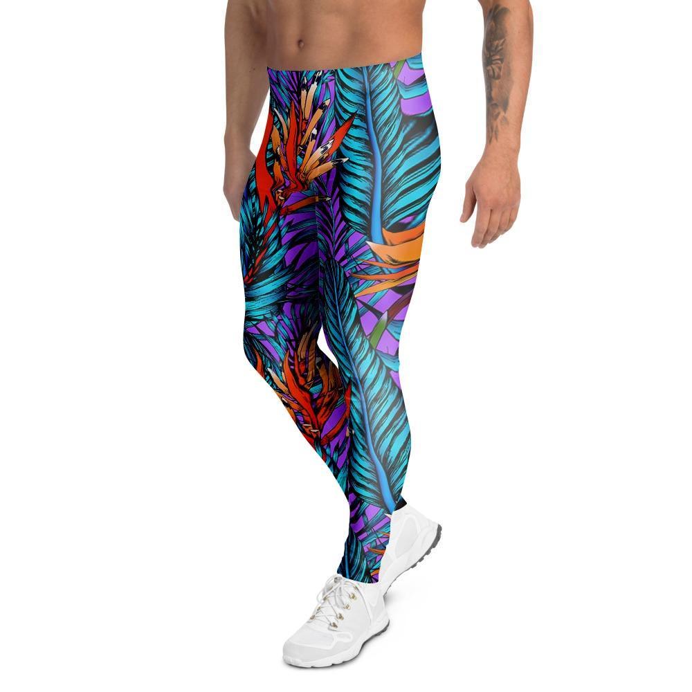 Neon Palm Leaf Tropical Print Men's Leggings-grizzshop