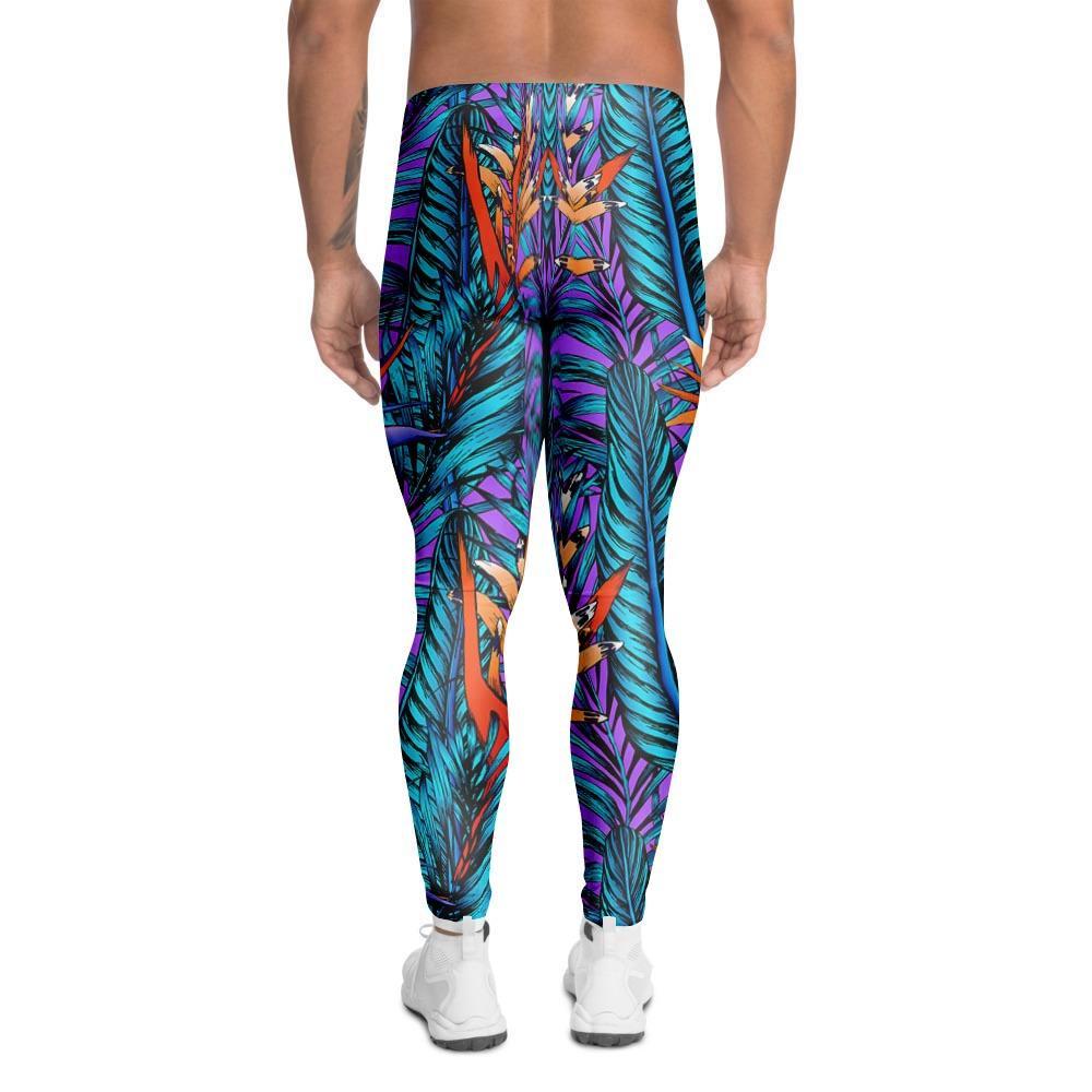 Neon Palm Leaf Tropical Print Men's Leggings-grizzshop