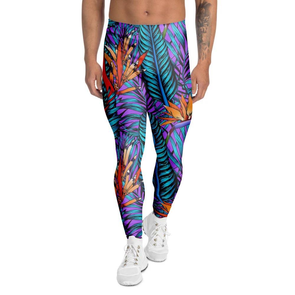 Neon Palm Leaf Tropical Print Men's Leggings-grizzshop