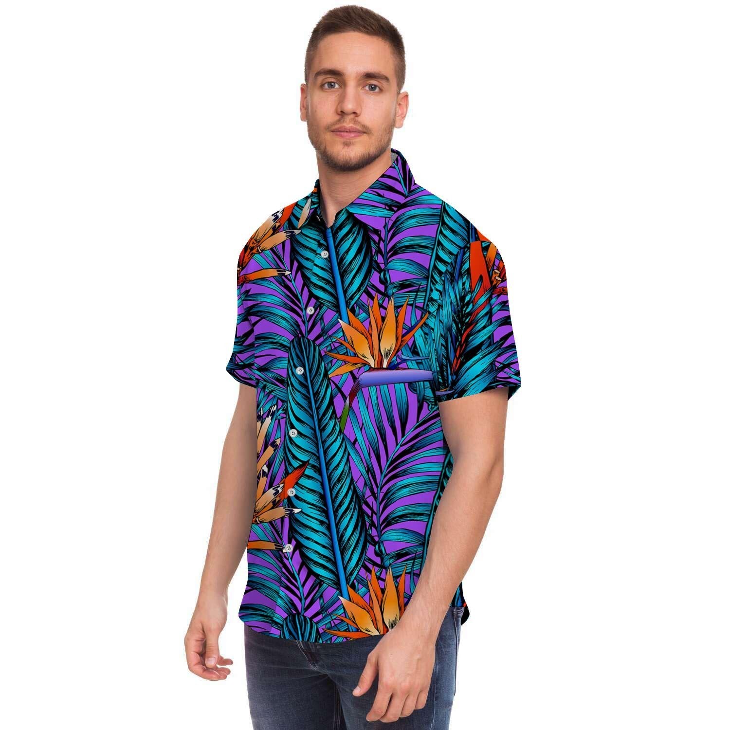 Neon Palm Leaf Tropical Print Men's Short Sleeve Shirt-grizzshop