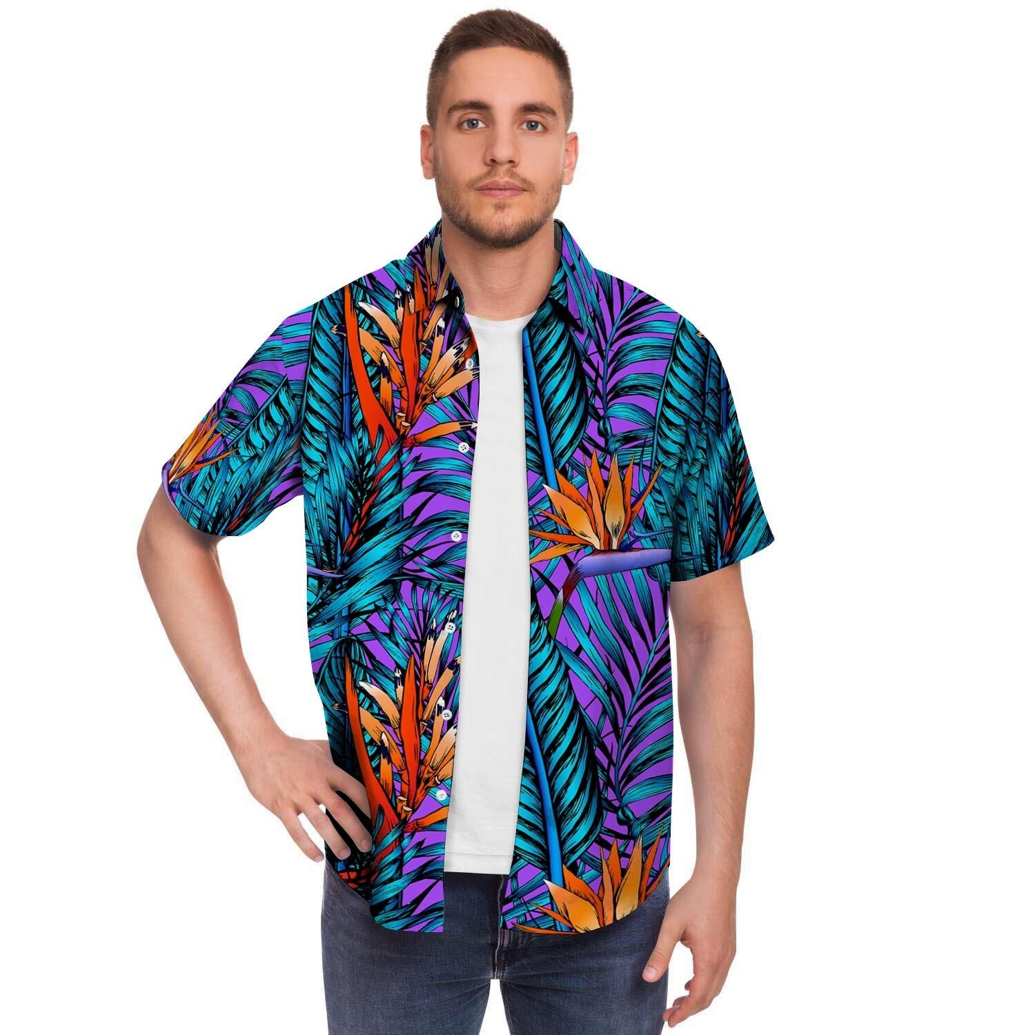 Neon Palm Leaf Tropical Print Men's Short Sleeve Shirt-grizzshop