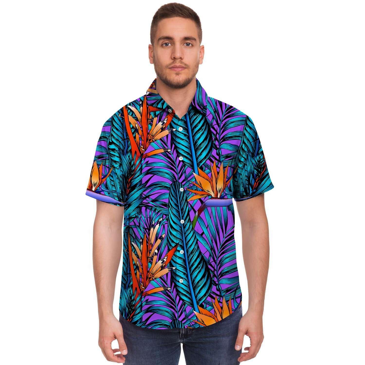 Neon Palm Leaf Tropical Print Men's Short Sleeve Shirt-grizzshop