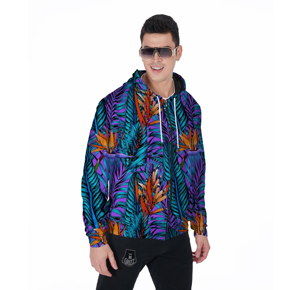 Neon Palm Leaf Tropical Print Men's Zip Up Hoodie-grizzshop