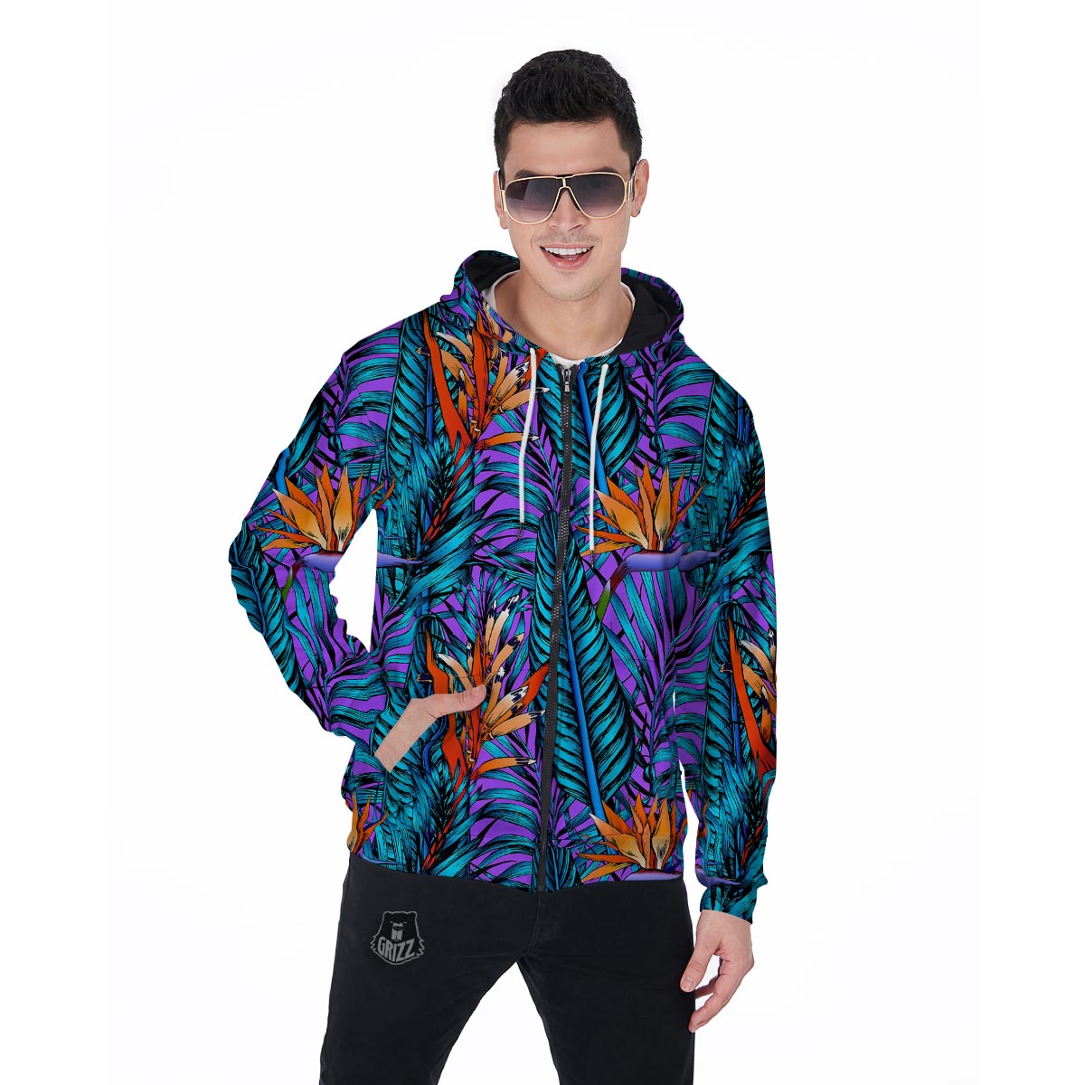 Neon Palm Leaf Tropical Print Men's Zip Up Hoodie-grizzshop