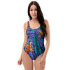 Neon Palm Leaf Tropical Print One Piece Swimsuite-grizzshop