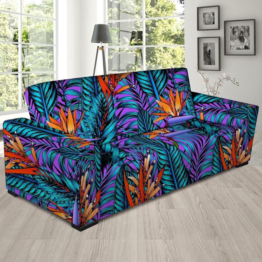 Neon Palm Leaf Tropical Print Sofa Cover-grizzshop