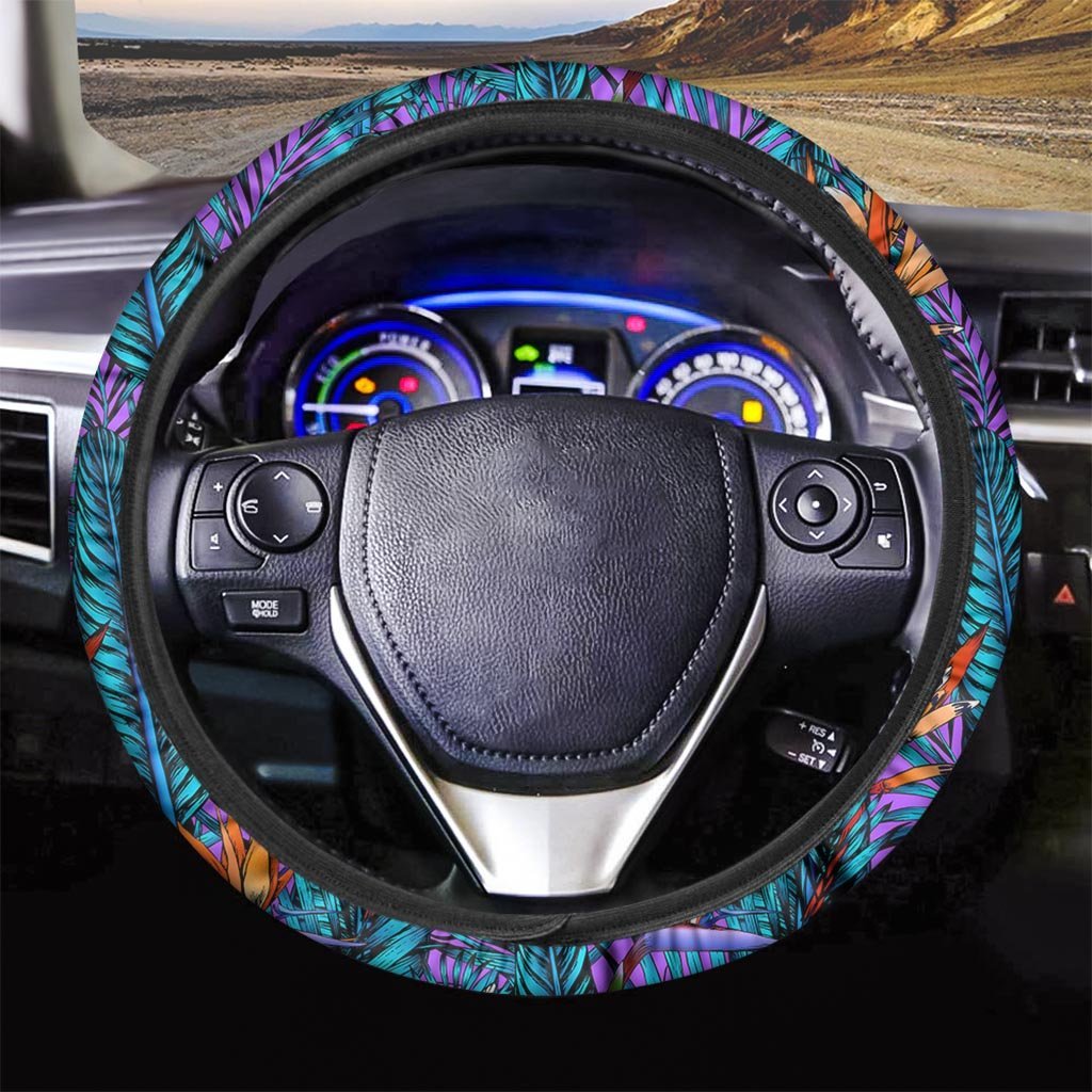 Neon Palm Leaf Tropical Print Steering Wheel Cover-grizzshop