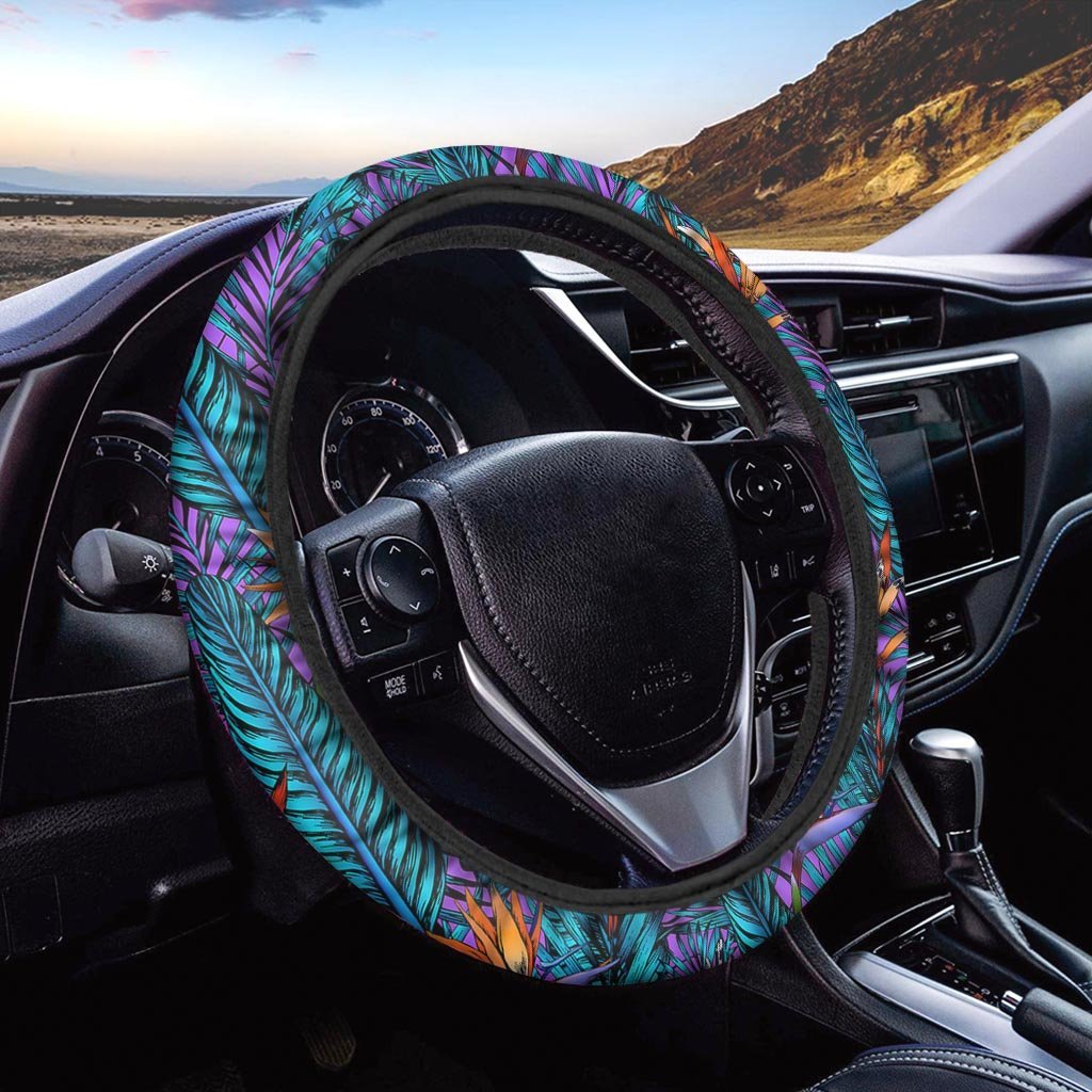 Neon Palm Leaf Tropical Print Steering Wheel Cover-grizzshop