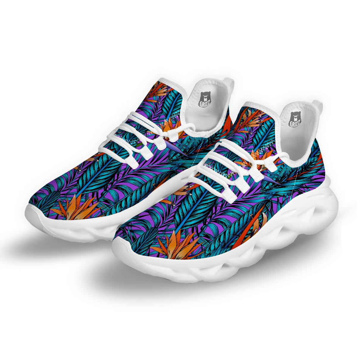 Neon Palm Leaf Tropical Print White Running Shoes-grizzshop
