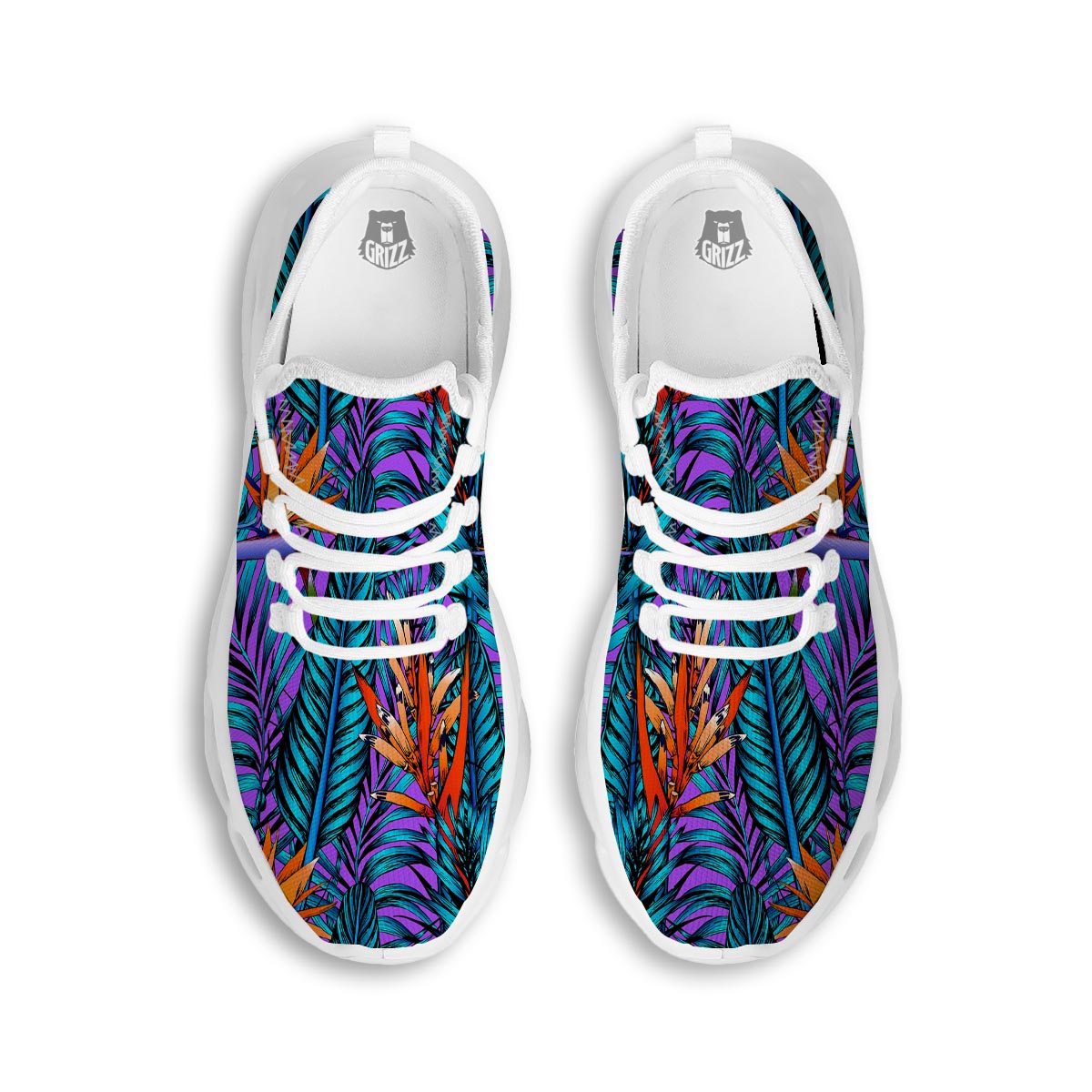 Neon Palm Leaf Tropical Print White Running Shoes-grizzshop