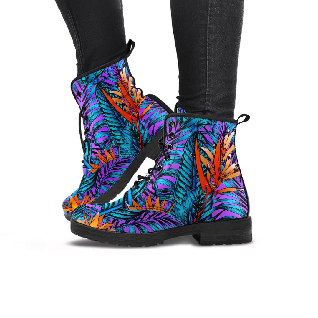 Neon Palm Leaf Tropical Print Women's Boots-grizzshop