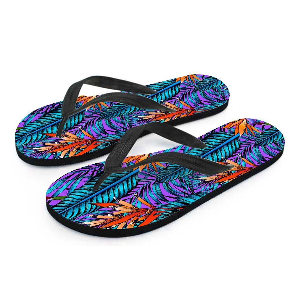 Neon Palm Leaf Tropical Print Women's Flip Flops-grizzshop