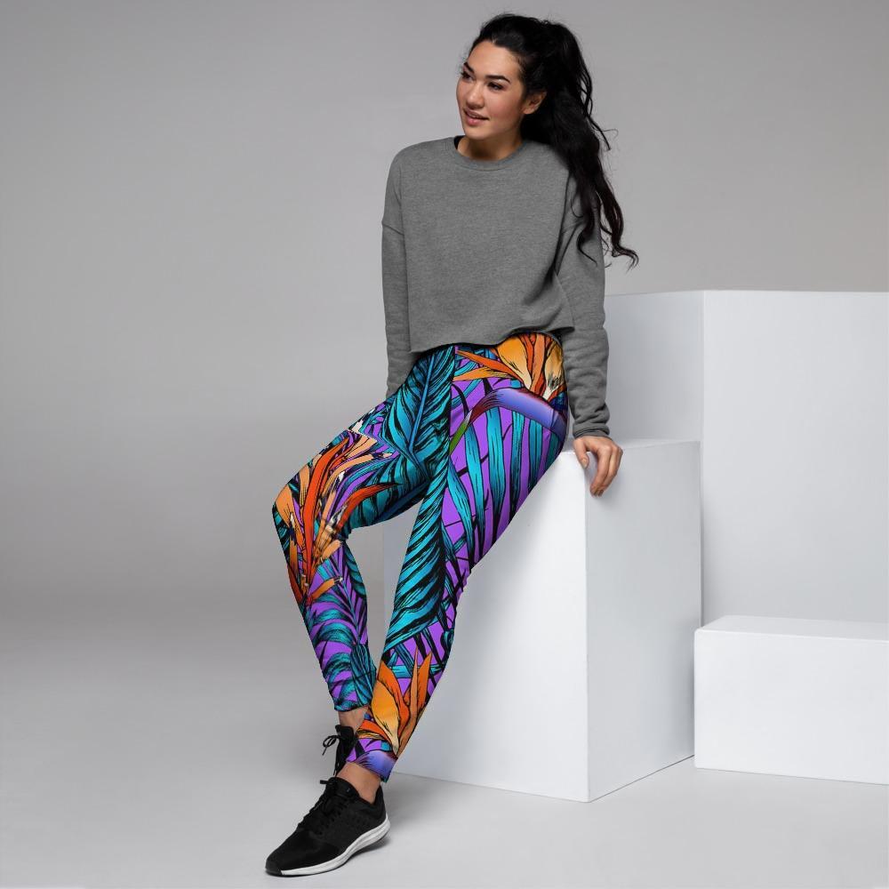 Neon Palm Leaf Tropical Print Women's Joggers-grizzshop