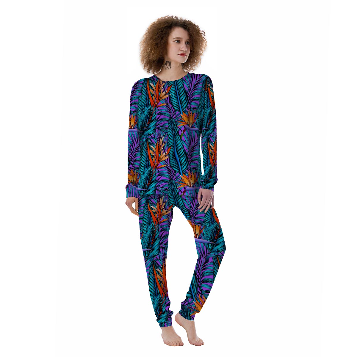 Neon Palm Leaf Tropical Print Women's Pajamas-grizzshop