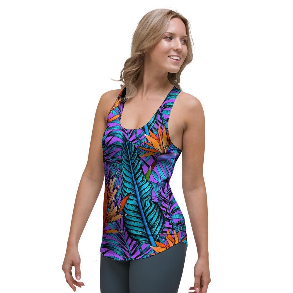 Neon Palm Leaf Tropical Print Women's Racerback Tank Top-grizzshop