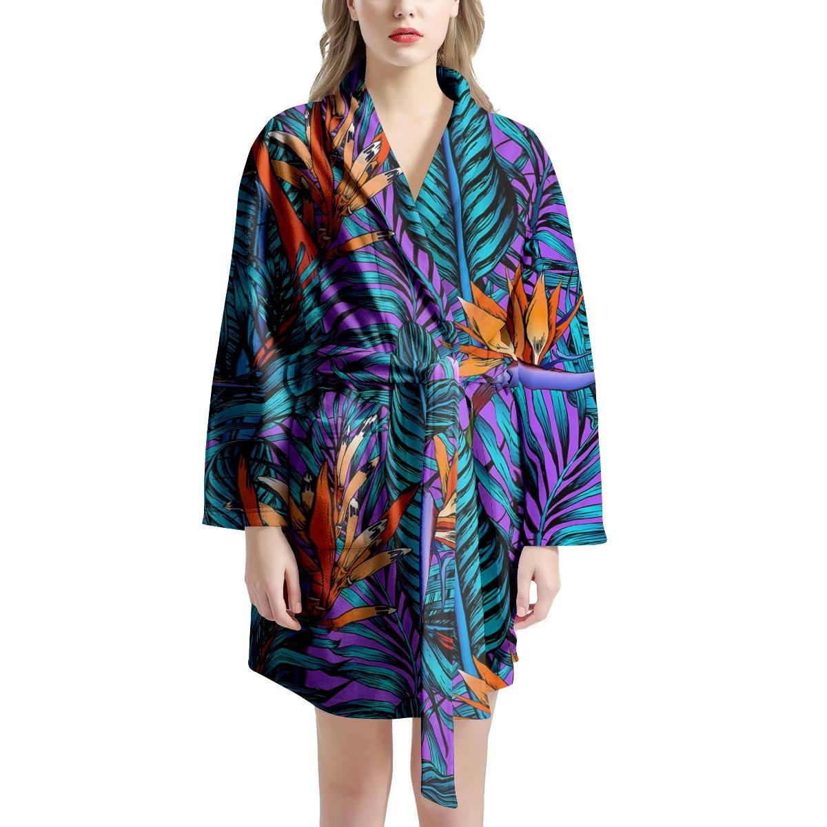 Neon Palm Leaf Tropical Print Women's Robe-grizzshop