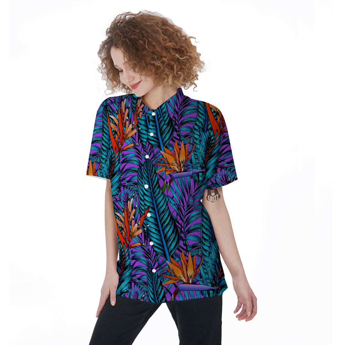 Neon Palm Leaf Tropical Print Women's Short Sleeve Shirts-grizzshop