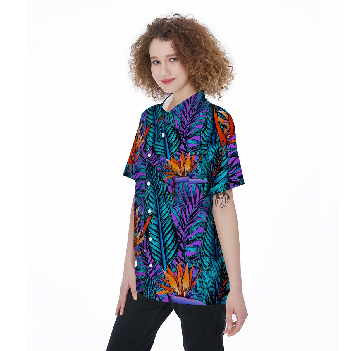 Neon Palm Leaf Tropical Print Women's Short Sleeve Shirts-grizzshop