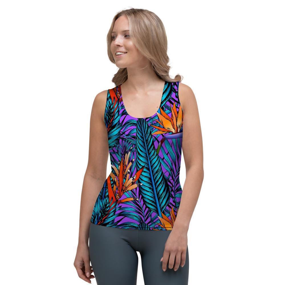 Neon Palm Leaf Tropical Print Women's Tank Top-grizzshop