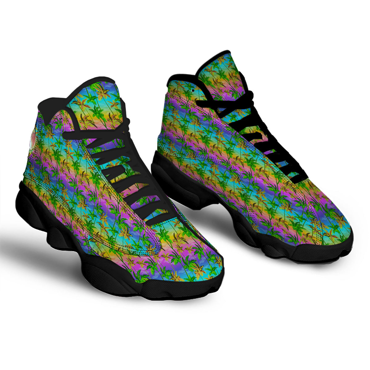 Neon Palm Tree Print Pattern Black Basketball Shoes-grizzshop