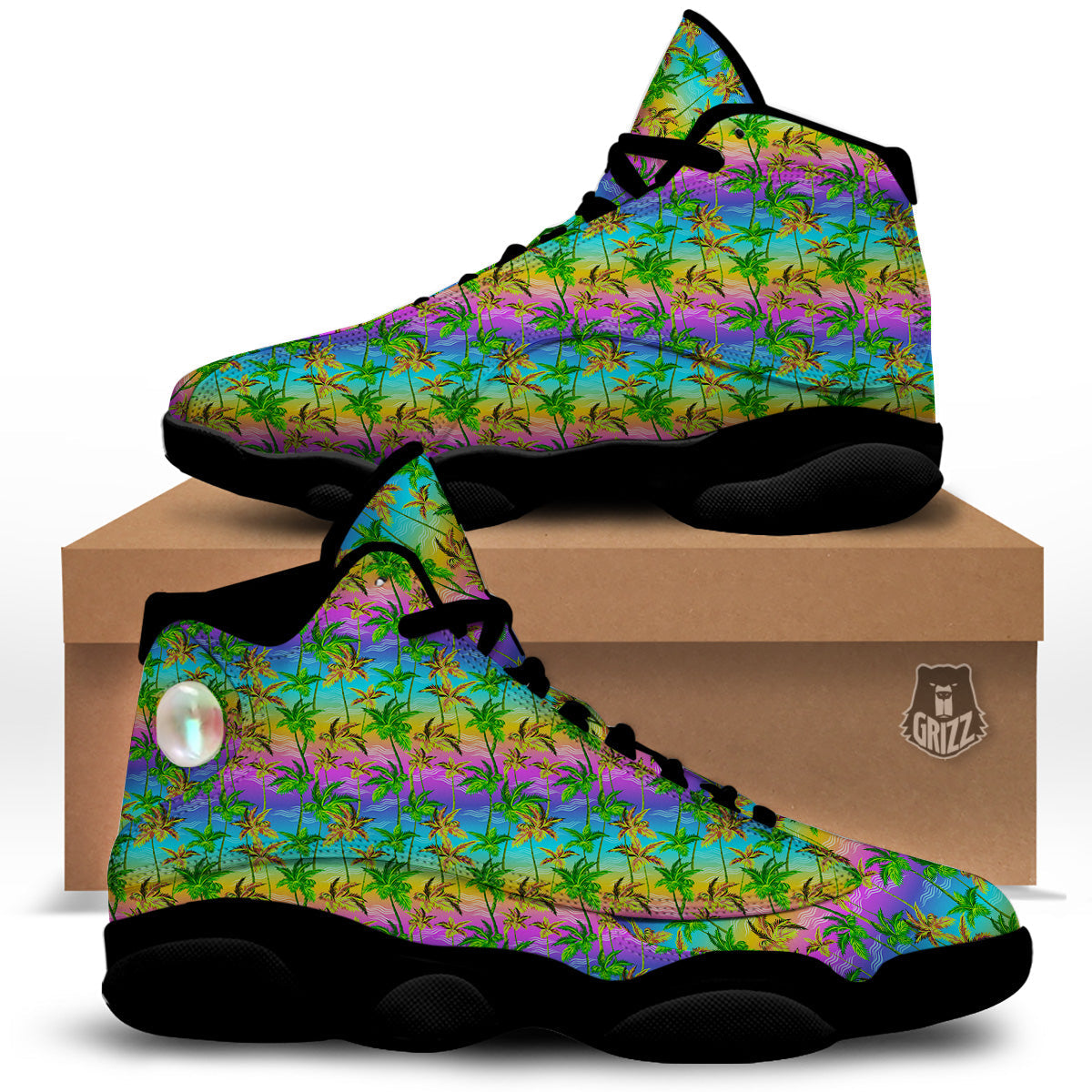 Neon Palm Tree Print Pattern Black Basketball Shoes-grizzshop