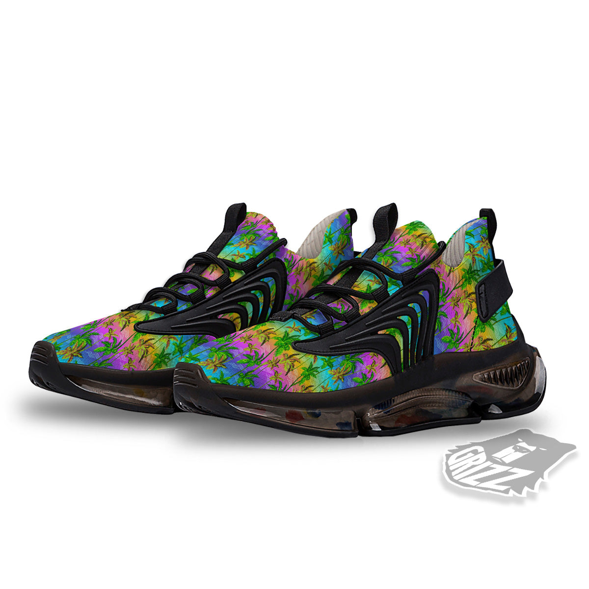 Neon Palm Tree Print Pattern Black Gym Shoes-grizzshop