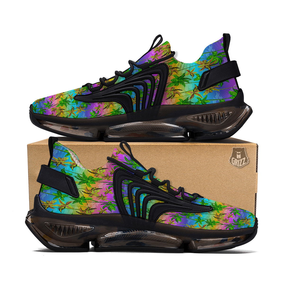 Neon Palm Tree Print Pattern Black Gym Shoes-grizzshop