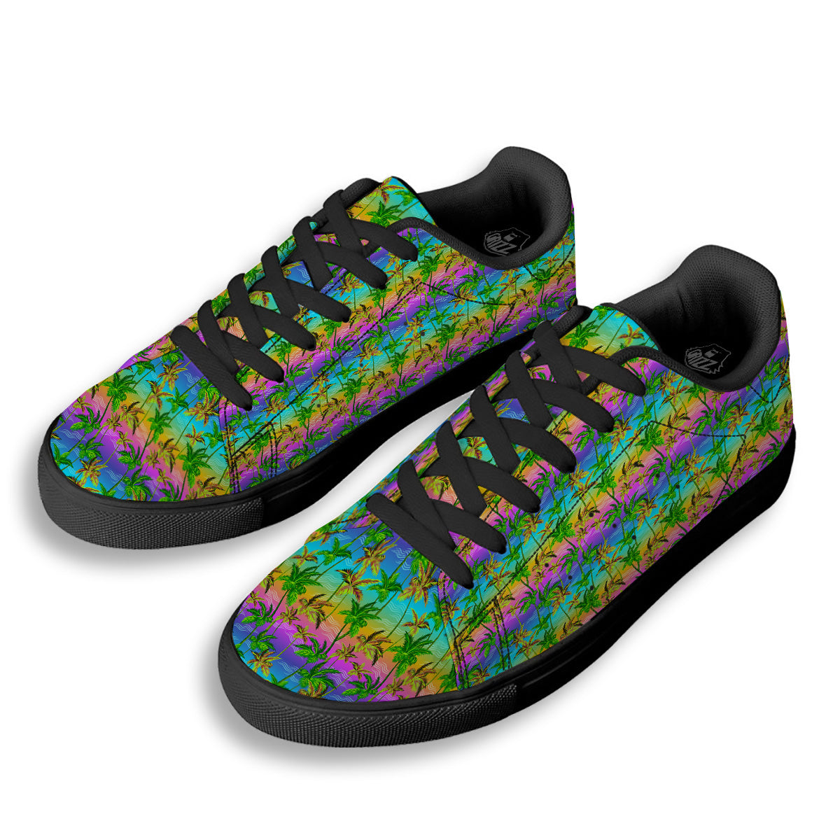 Neon Palm Tree Print Pattern Black Low Top Sneakers-grizzshop