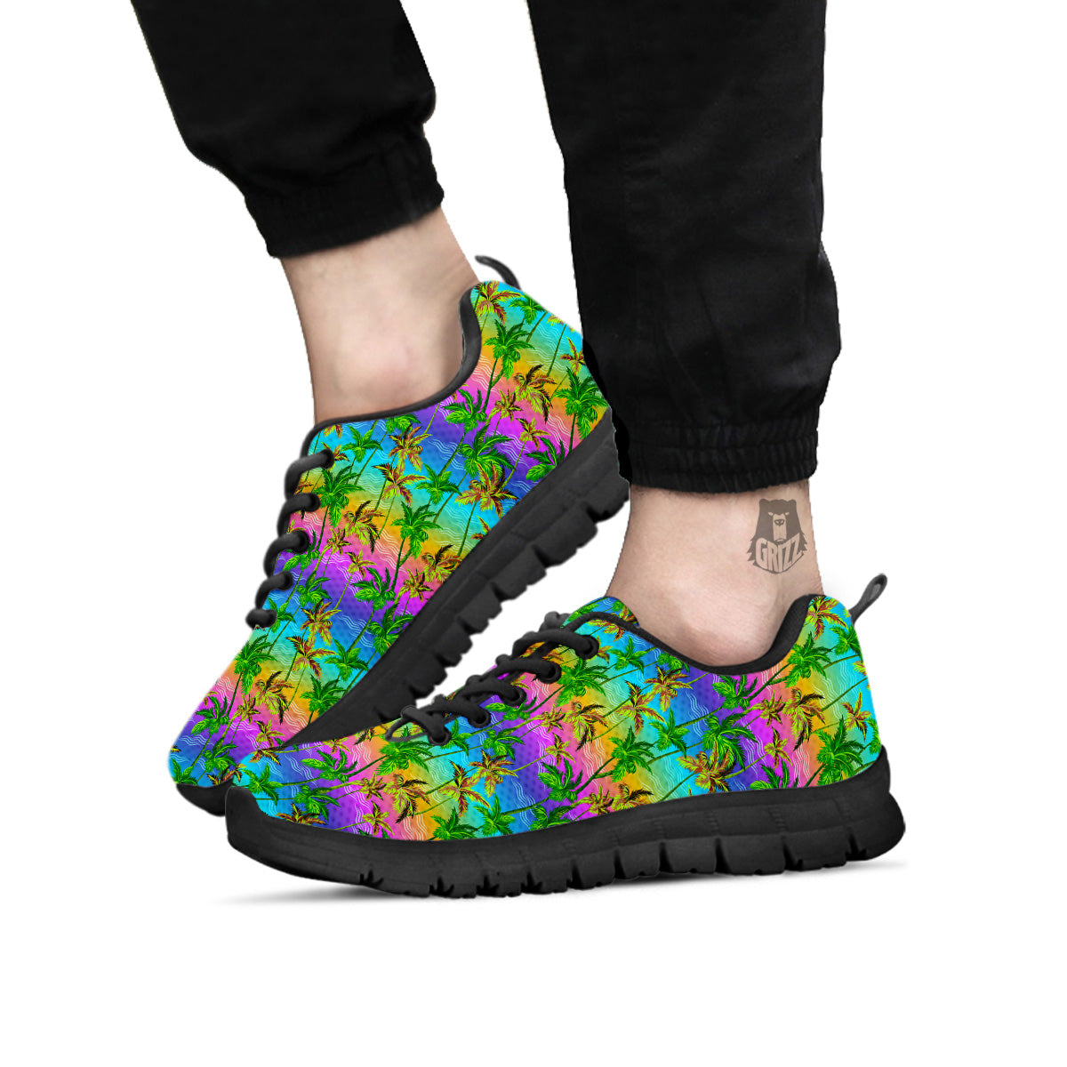 Neon Palm Tree Print Pattern Black Sneaker-grizzshop