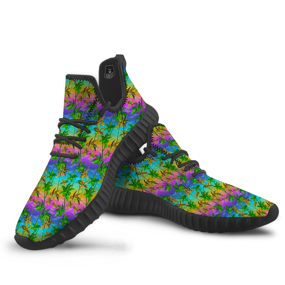 Neon Palm Tree Print Pattern Black Walking Shoes-grizzshop