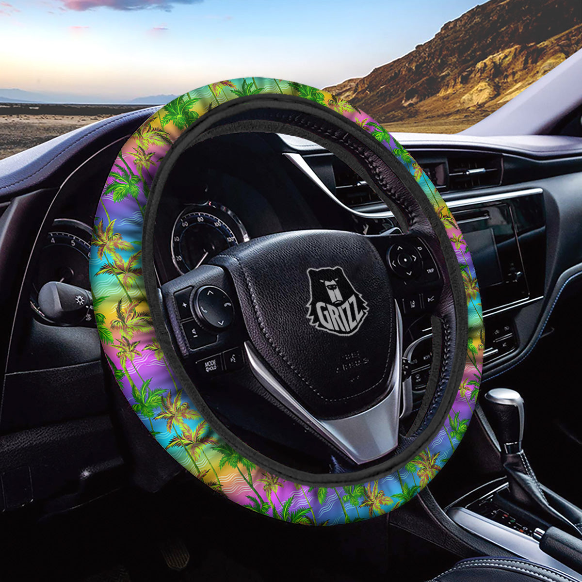 Neon Palm Tree Print Pattern Car Steering Wheel Cover-grizzshop
