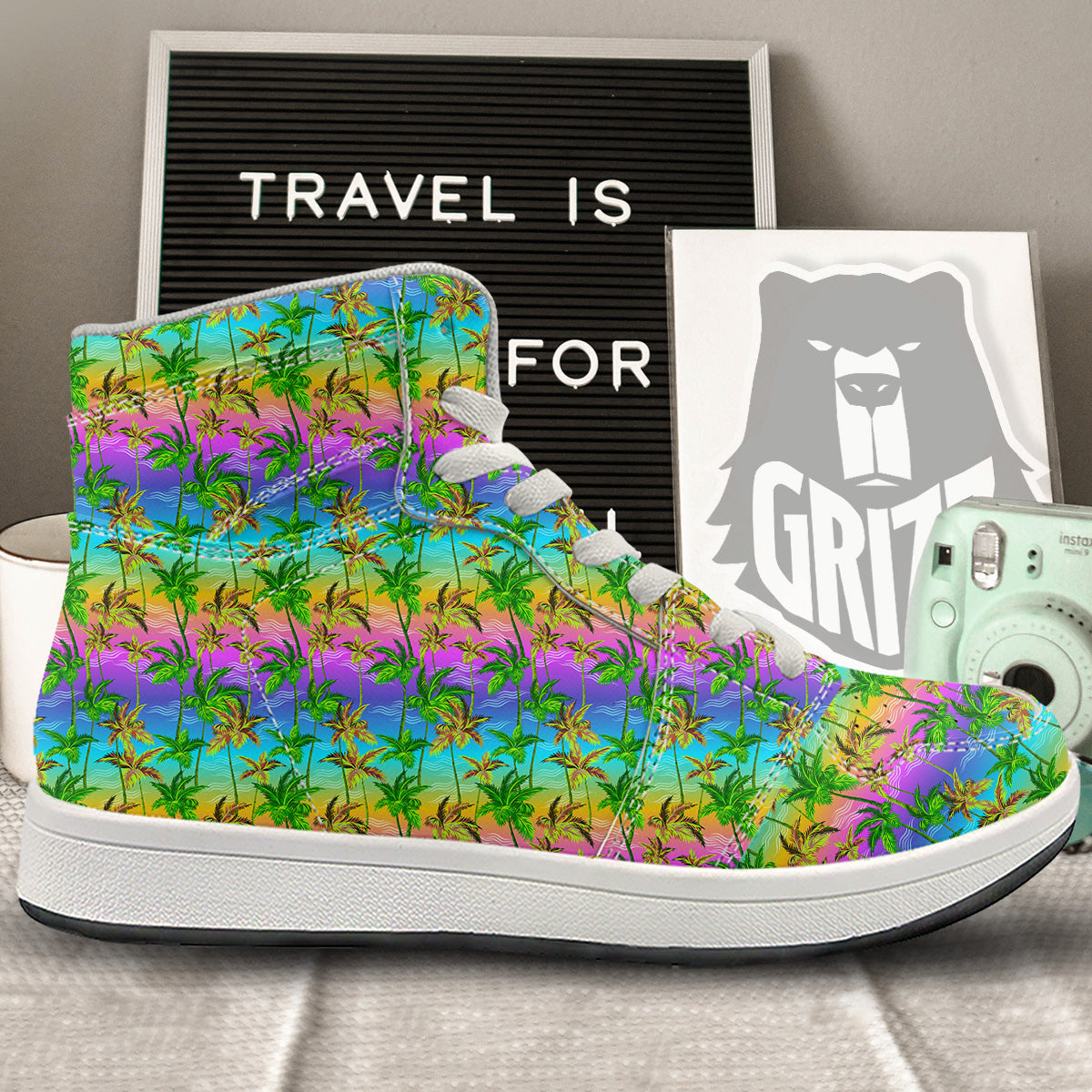 Neon Palm Tree Print Pattern High Top Sneakers-grizzshop