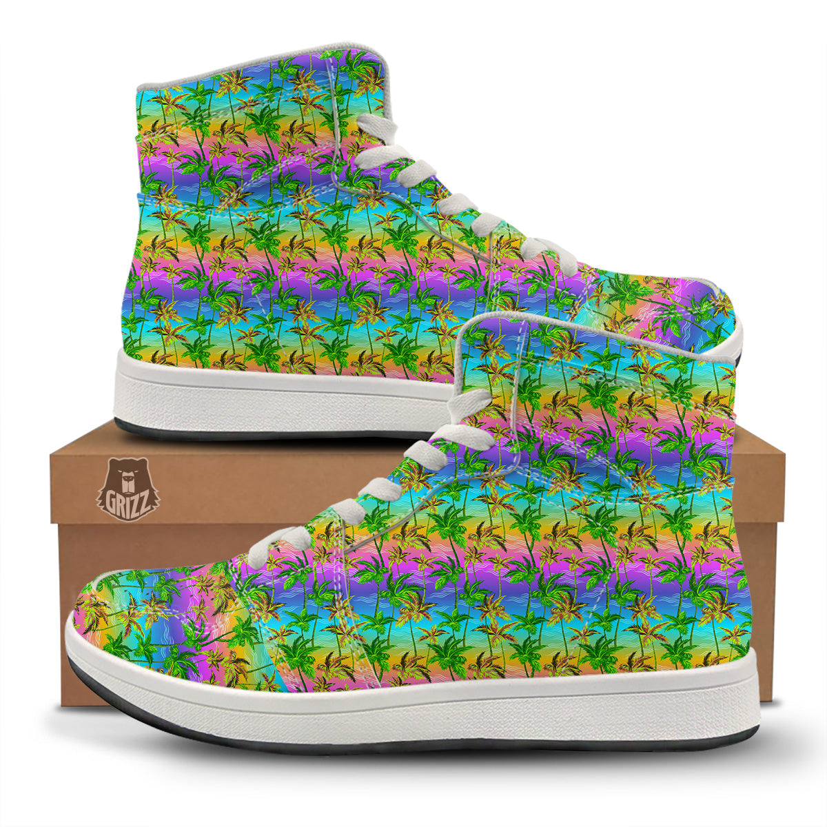 Neon Palm Tree Print Pattern High Top Sneakers-grizzshop