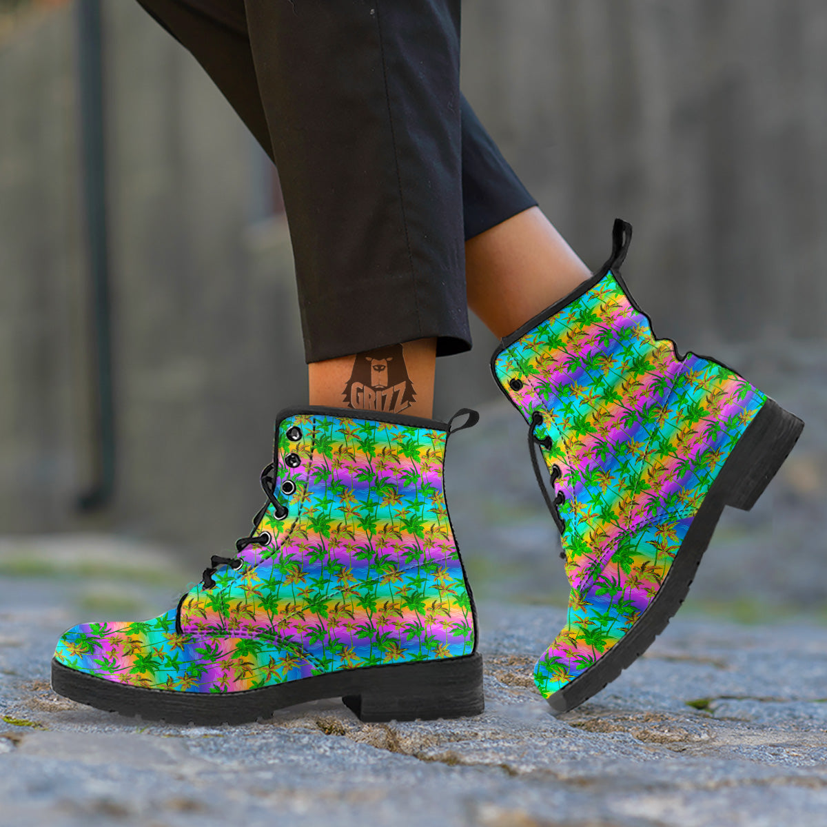 Neon Palm Tree Print Pattern Leather Boots-grizzshop