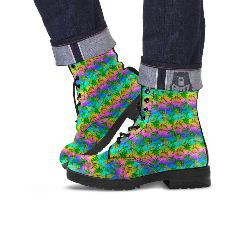 Neon Palm Tree Print Pattern Leather Boots-grizzshop