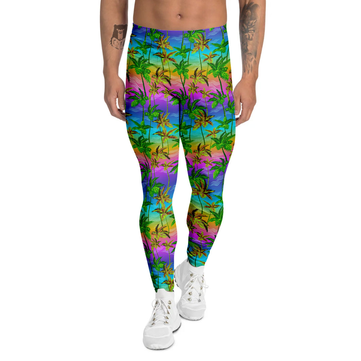 Neon Palm Tree Print Pattern Men's Leggings-grizzshop