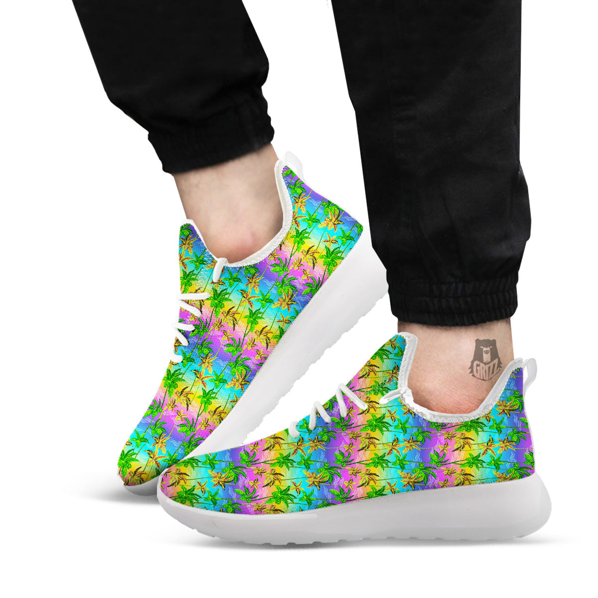 Neon Palm Tree Print Pattern White Athletic Shoes-grizzshop