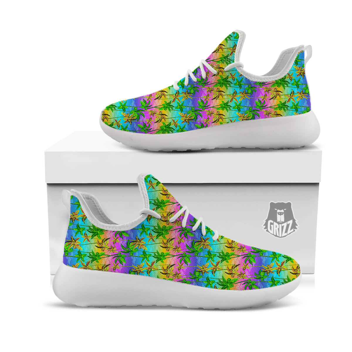 Neon Palm Tree Print Pattern White Athletic Shoes-grizzshop