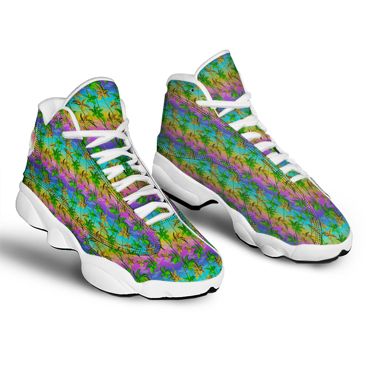 Neon Palm Tree Print Pattern White Basketball Shoes-grizzshop