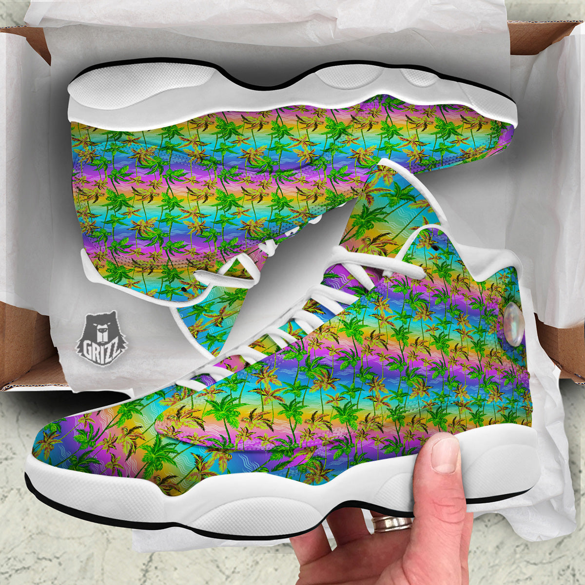 Neon Palm Tree Print Pattern White Basketball Shoes-grizzshop