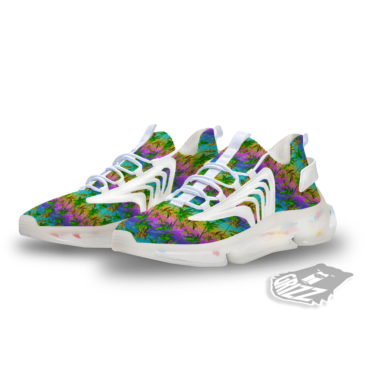 Neon Palm Tree Print Pattern White Gym Shoes-grizzshop