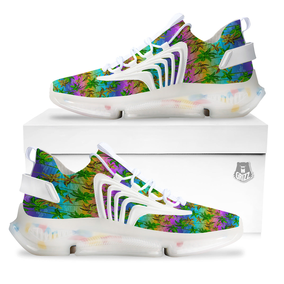 Neon Palm Tree Print Pattern White Gym Shoes-grizzshop