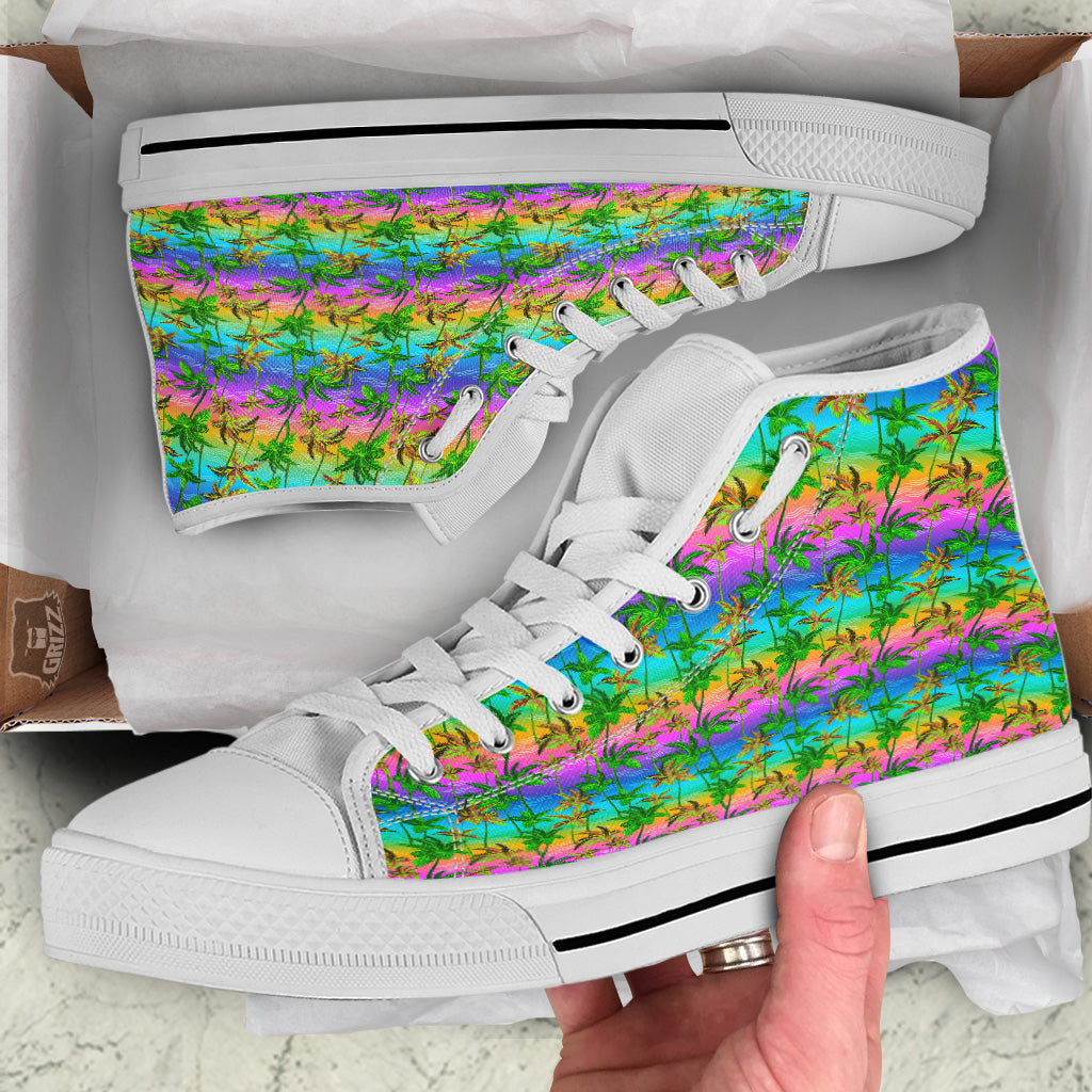 Neon Palm Tree Print Pattern White High Top Shoes-grizzshop