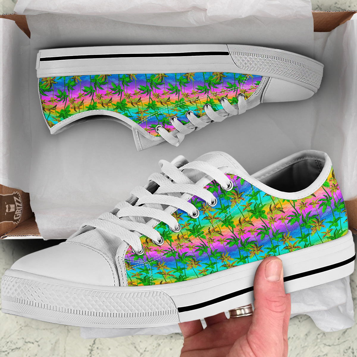 Neon Palm Tree Print Pattern White Low Top Shoes-grizzshop