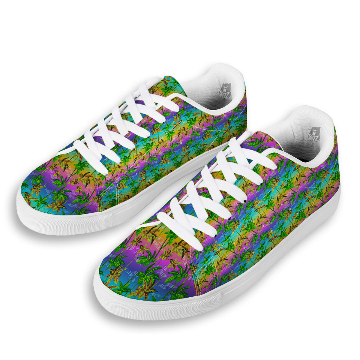 Neon Palm Tree Print Pattern White Low Top Sneakers-grizzshop
