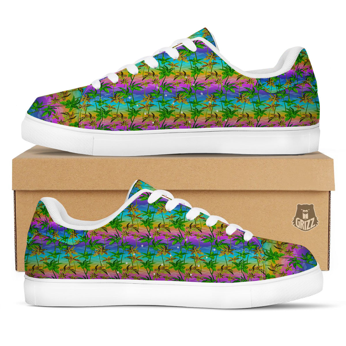 Neon Palm Tree Print Pattern White Low Top Sneakers-grizzshop